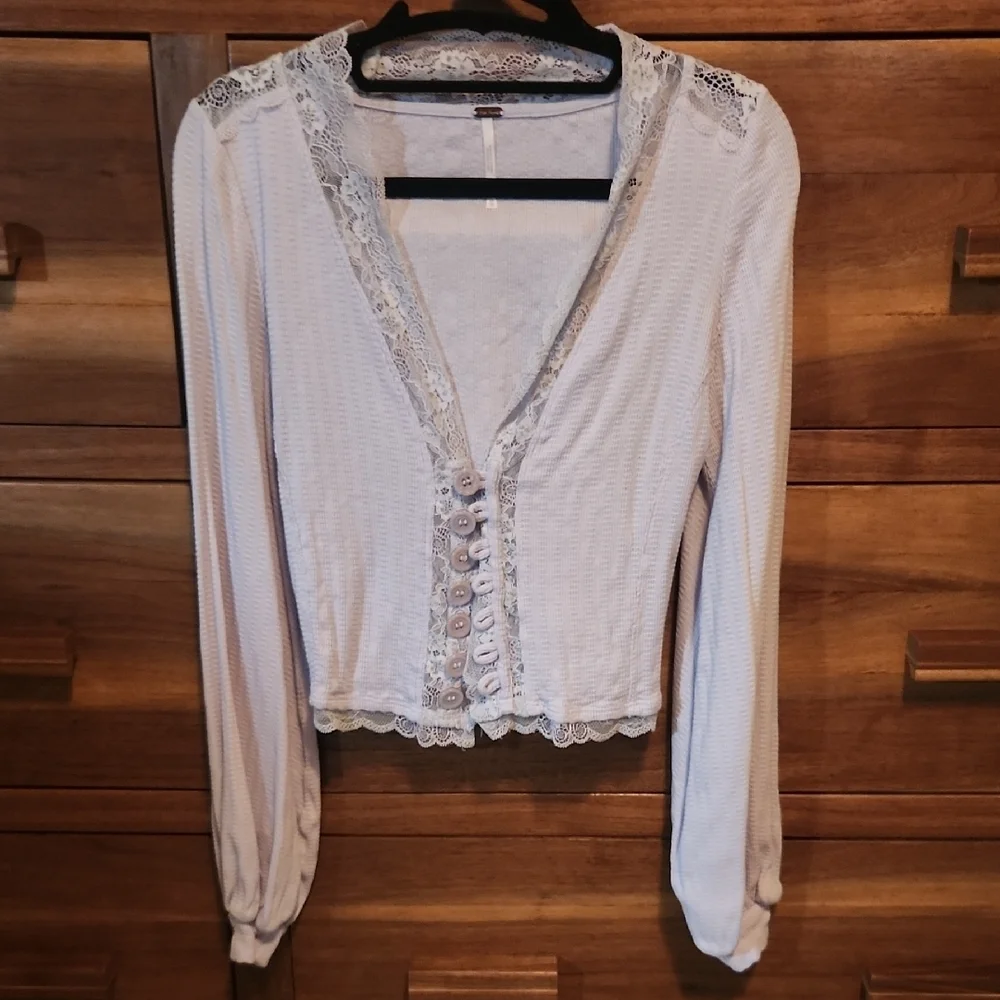 Free People Purple Long Sleeve Lace  Trim Balloon Sleeve Cottagecore XS Blouse